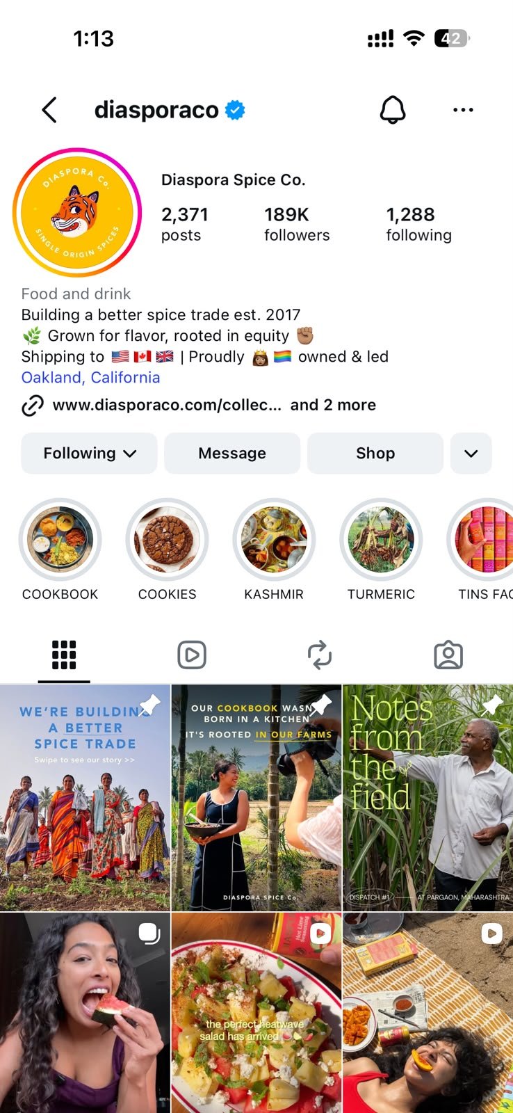 Diaspora Spice Co. Instagram profile managed by LVRA Global