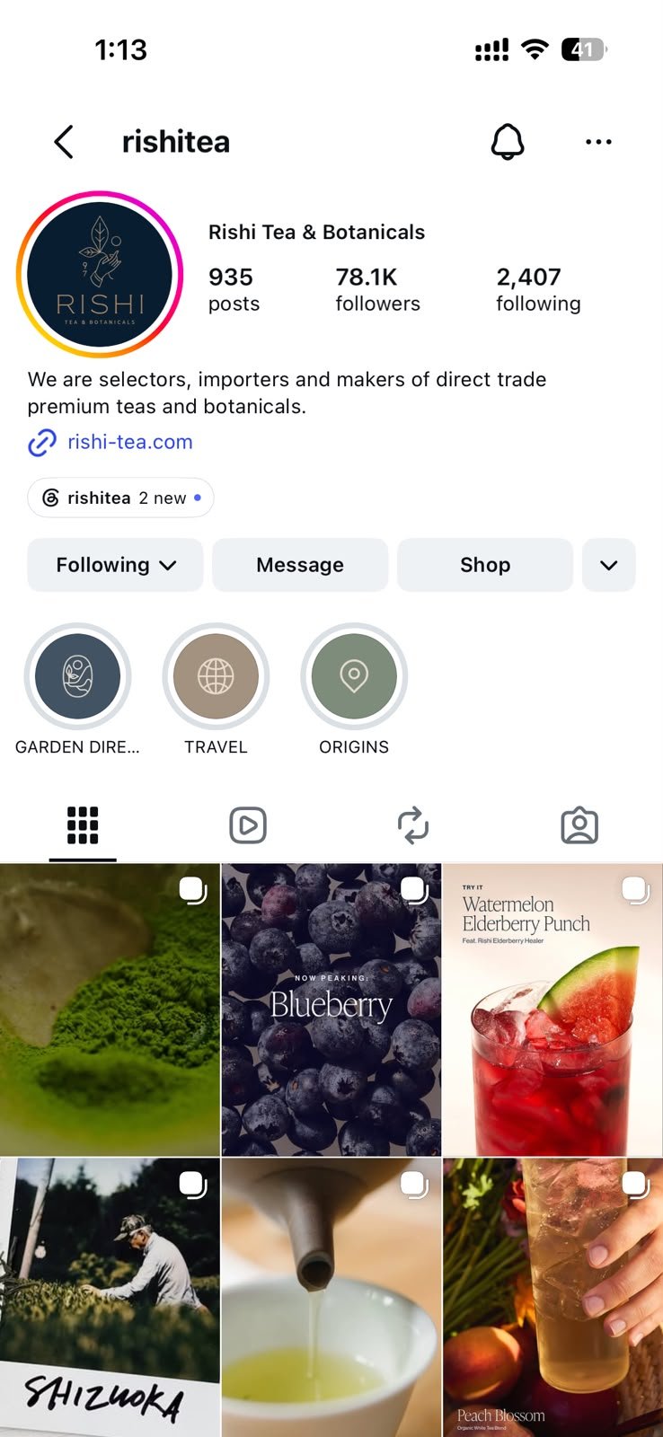 Rishi Tea & Botanicals Instagram profile managed by LVRA Global